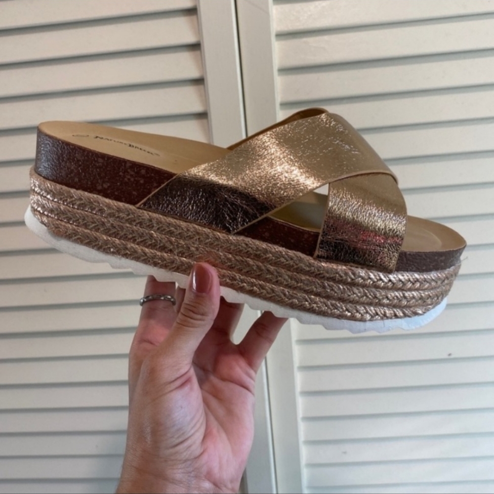 ❤️ 1 left ❤️ Metallic Rose Gold Criss Cross Platform Espardrille Sandals Wedges - Picture 3 of 5